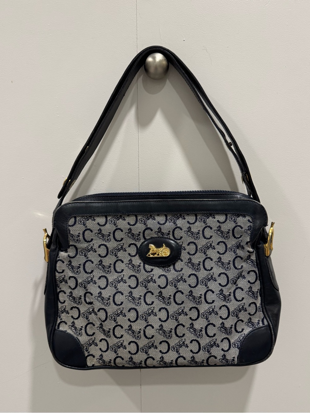Vintage Authentic Celine shoulder bag with C logo pattern in Black and Navy Blue